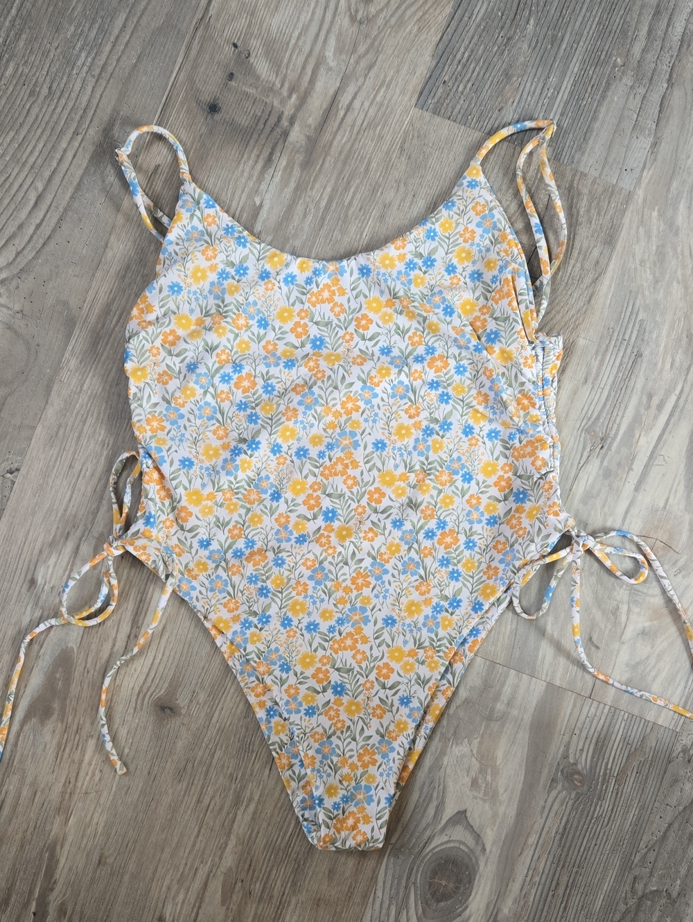 Floral Tie-Side One-Piece Swimsuit - Yellow & Blue